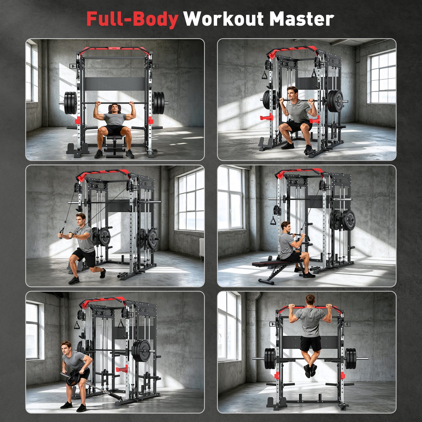 BEARBRO Multi-Function Smith Machine Home Gym, Heavy Duty 2300LBS Power Rack with Squat Rack, Dual Pulley Cable Crossover System, Weight Bar & 360° Landmine
