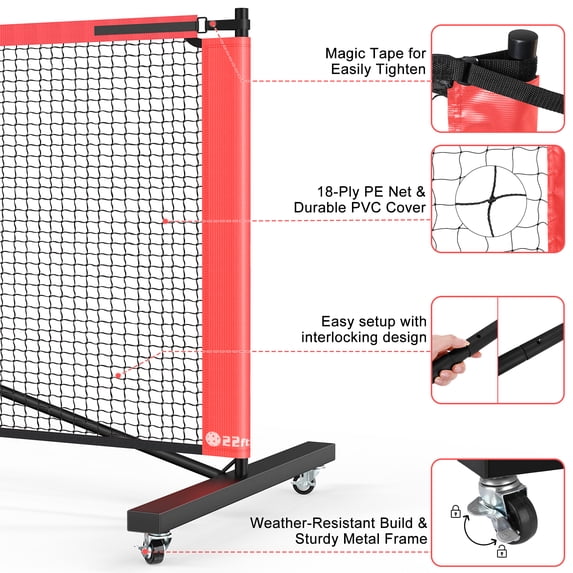 GIKPAL Portable Pickleball Net with Wheels, 22 FT & Half Court 11 FT Pickle Ball Net System with Carrying Bag for Driveway Backyard,Red