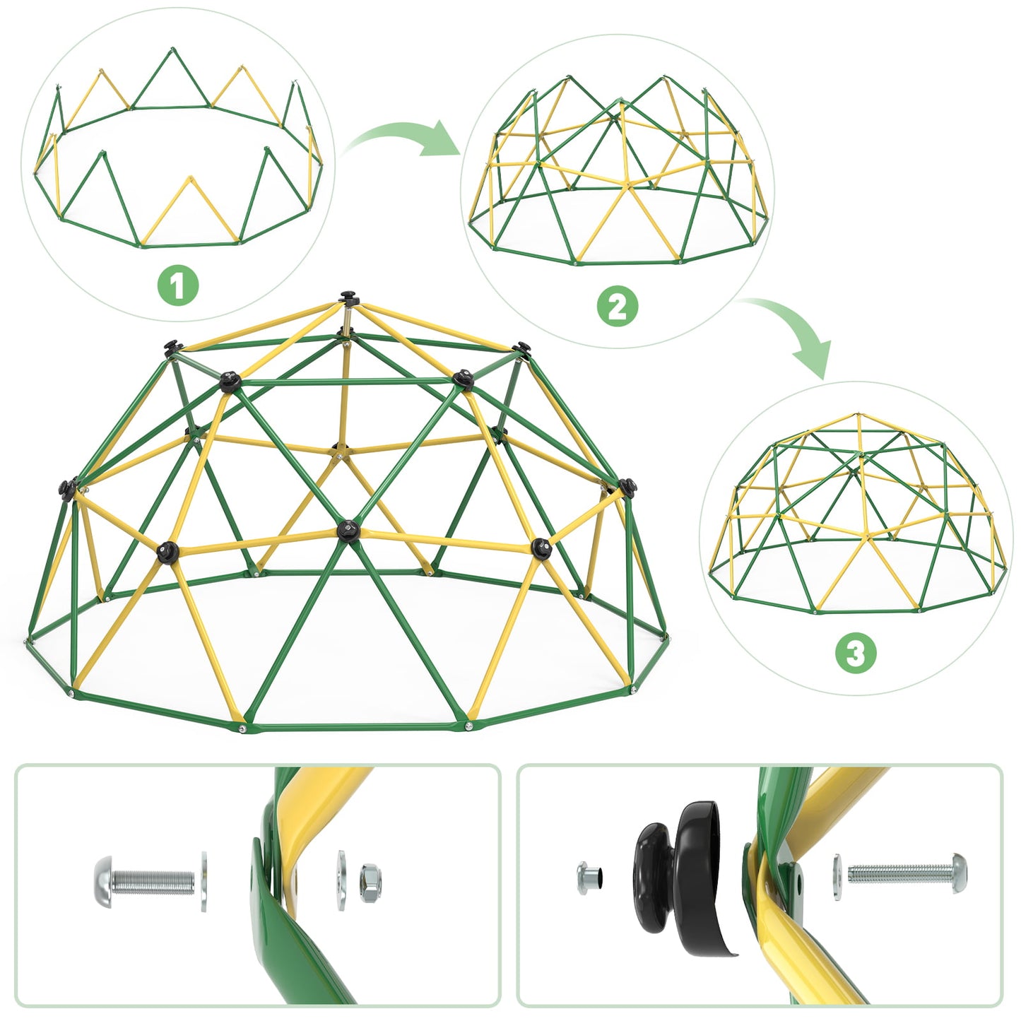 GIKPAL 4-in-1 Jungle Gym,120" Dome Climber with Hammock &Swing for Kids Outdoor Play Equipment, Supports up to 1000lbs Jungle Gym, Anti-Rust, Easy Assembly, Yellow+ Green