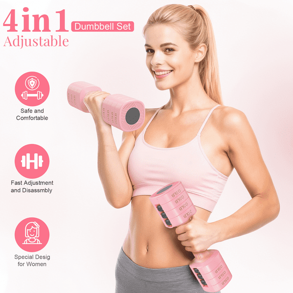 GIKPAL 5lbs*2 Adjustable Dumbbells Set, 4-in-1 Free Weights for Women, Each 2lb 3lb 4lb 5lb Hand Weights for Home Gym, Pink