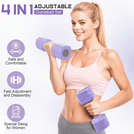 GIKPAL 5lbs*2 Adjustable Dumbbells Set, 4-in-1 Free Weights for Women, Each 2lb 3lb 4lb 5lb Hand Weights for Home Gym, Purple