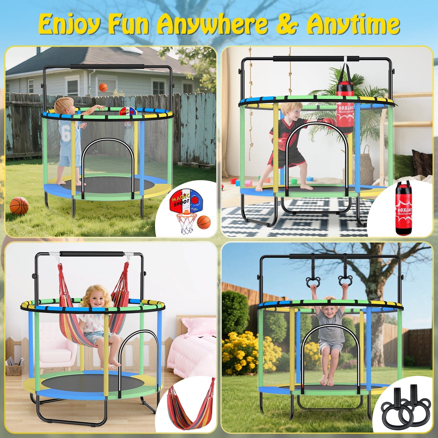 GIKPAL 60'' Kids Trampoline with Basketball Hoop & Safety Net, Swing, Rings, Gymnastic Bar, Indoor/Outdoor Toddler Trampoline Gift for Boys & Girls, Yellow