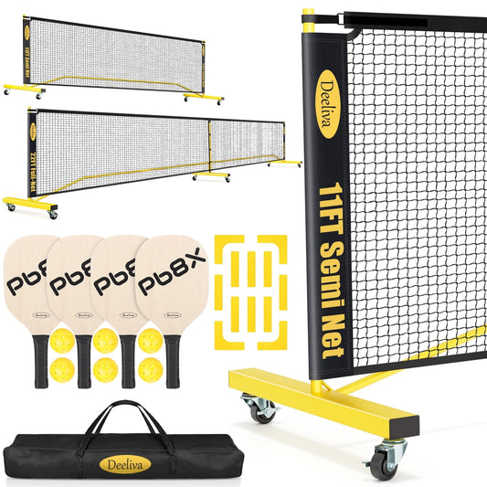 Deeliva 11FT/22FT Portable Pickleball Net Set with Lockable Wheels (Net + 4 Paddles + 6 Pickleballs + a Carry Bag+ a set of court line maker) for Beginners Indoor Outdoor Play