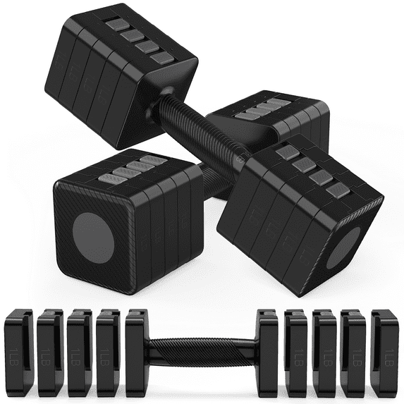 GIKPAL 10lbs*2 Adjustable Dumbbells Set, 4-in-1 Free Weights for Women, Each 3lb 5lb 7lb 9lb 11lb Hand Weights for Home Gym, Black