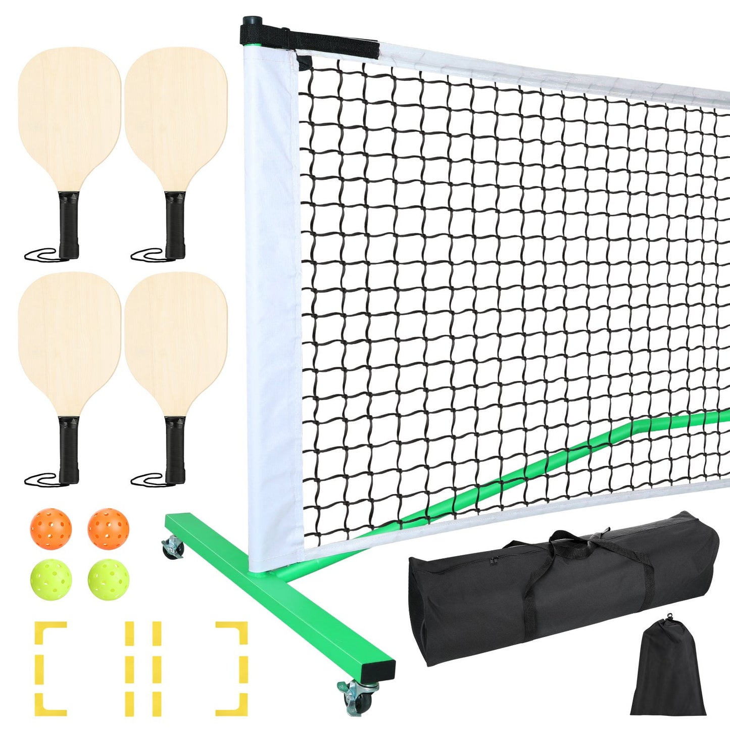 GIKPAL 22FT Portable Pickleball Net Set with Lockable Wheels includes a Net, 4 Paddles, 6 Pickleballs, a Carry Bag, and a set of Court Line Markers for Beginners' Indoor and Outdoor Play