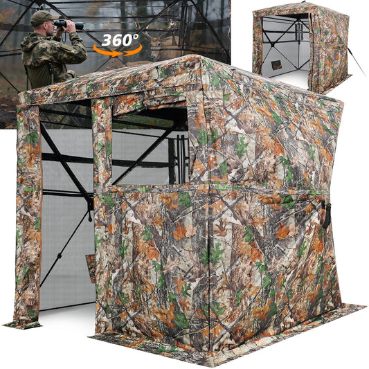 GIKPAL 2-3 Person Hunting Blind - 360° See Through Design with Magnetic Door & Silent Sliding Windows, Portable Ground Blind for Deer & Turkey Hunting (Includes Carry Bag)