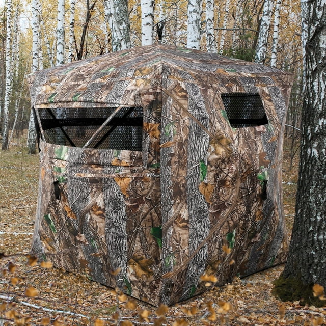 GIKPAL Pop Up Hunting Blind - 370° See Through Design with Silent Sliding Door & Windows, Portable Ground Blind for 2-3 Person Deer & Turkey Hunting (Includes Carry Bag)