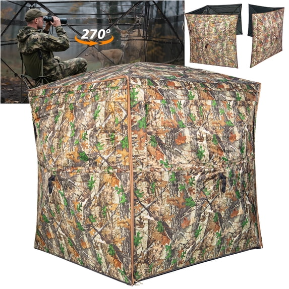GIKPAL 2-3 Person 2-in-1 Hunting Blind - 270° See Through Design with Detachable Top, Converts to Fence & Silent Sliding Windows, Portable Ground Blind for Deer & Turkey Hunting (Includes Carry Bag)