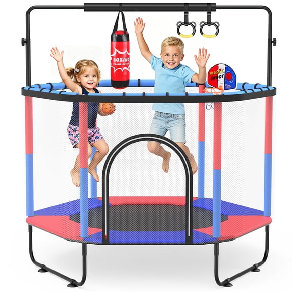GIKPAL 60'' Kids Trampoline with Basketball Hoop & Safety Net, Rings, Gymnastic Bar, Indoor/Outdoor Toddler Trampoline Gift for Boys & Girls, Blue