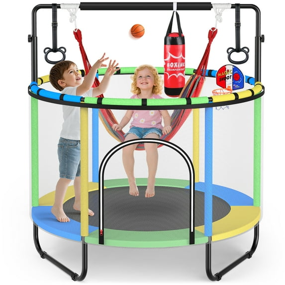 GIKPAL 60'' Kids Trampoline with Basketball Hoop & Safety Net, Swing, Rings, Gymnastic Bar, Indoor/Outdoor Toddler Trampoline Gift for Boys & Girls, Yellow