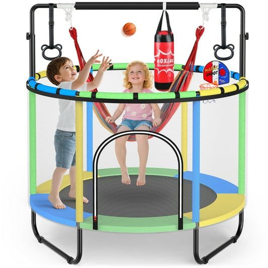 GIKPAL 60'' Kids Trampoline with Basketball Hoop & Safety Net, Swing, Rings, Gymnastic Bar, Indoor/Outdoor Toddler Trampoline Gift for Boys & Girls, Yellow