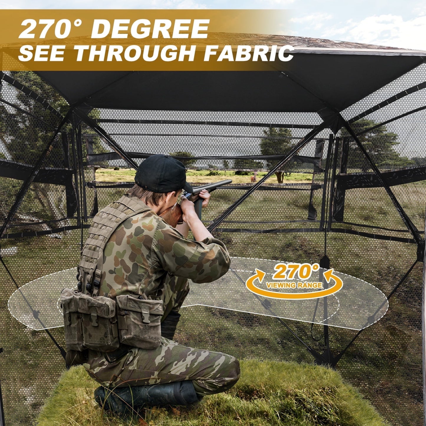 GIKPAL Pop Up Hunting Blind - 270° See Through Design with Silent Sliding Door & Windows, Portable Ground Blind for 2-3 Person Deer & Turkey Hunting (Includes Carry Bag)