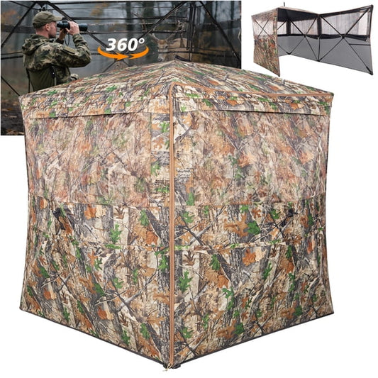 GIKPAL 2-3 Person 360 Degree See Through Hunting Blind Pop-Up Ground Blind with Mosquito-Proof Mesh Windows, Tie-downs & Carrying Bag for Deer, Duck and Turkey Hunting