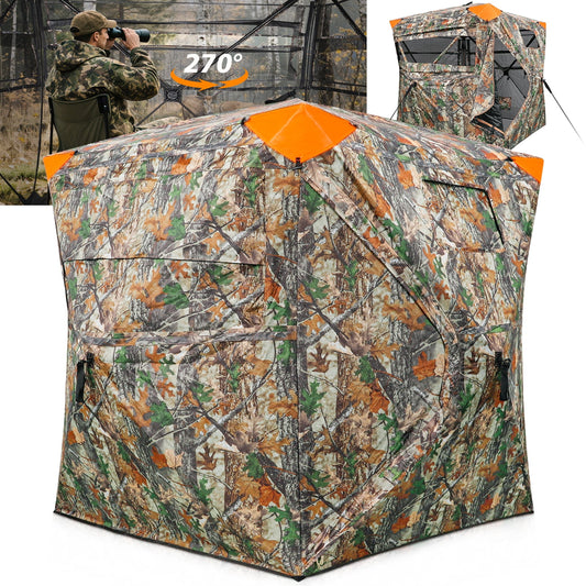 GIKPAL Portable 4 Person 270 Degree See Through Hunting Blind Pop-Up Ground Blind with Tie-downs & Carrying Bag for Deer, Duck and Turkey Hunting