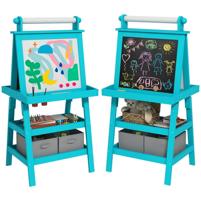 Kids Height Adjustable Standing Wooden Art Easel Large Double Side Magnetic Chalkboard