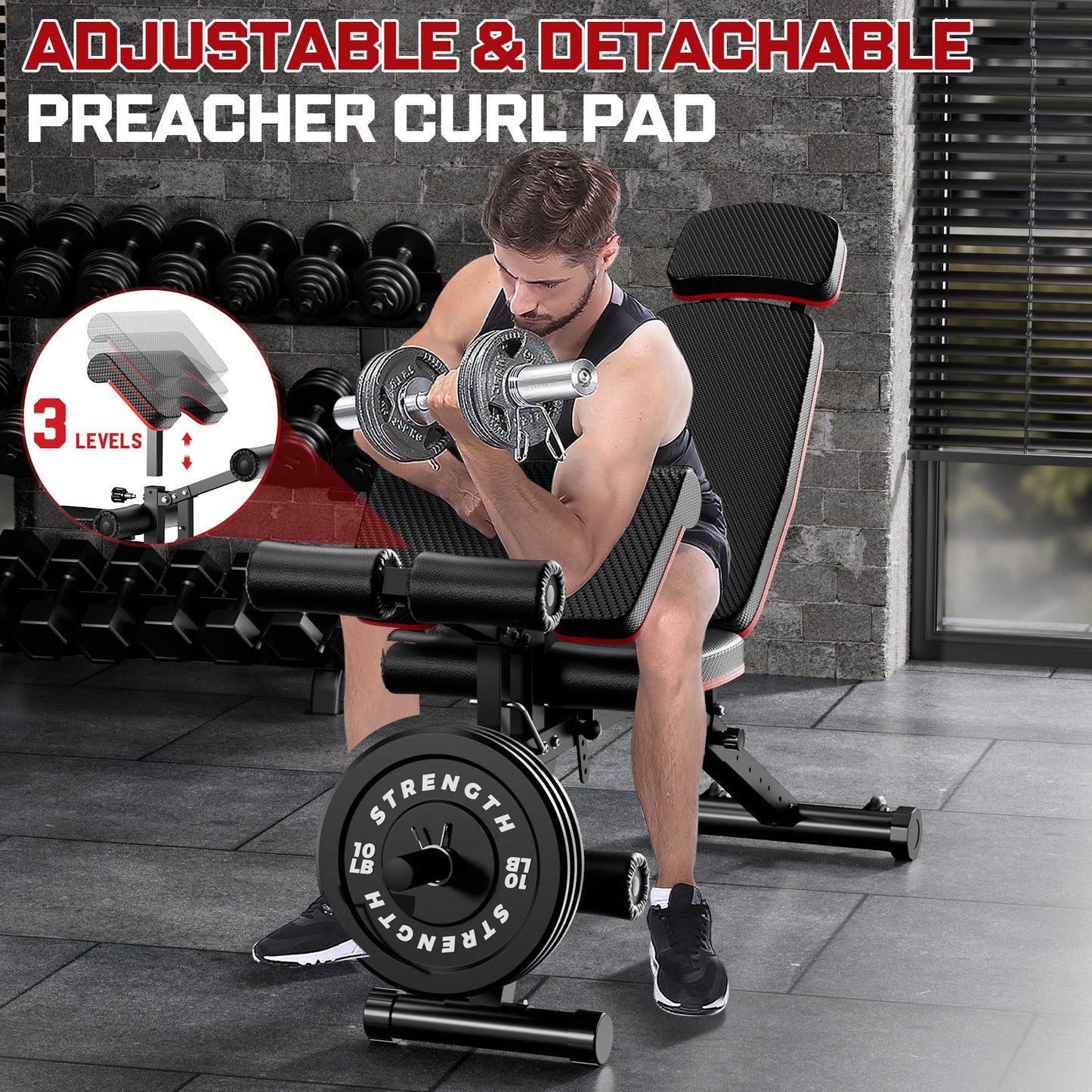 GIKPAL Built-in Transportation Wheel 10 Positions Adjustable Weight Bench
