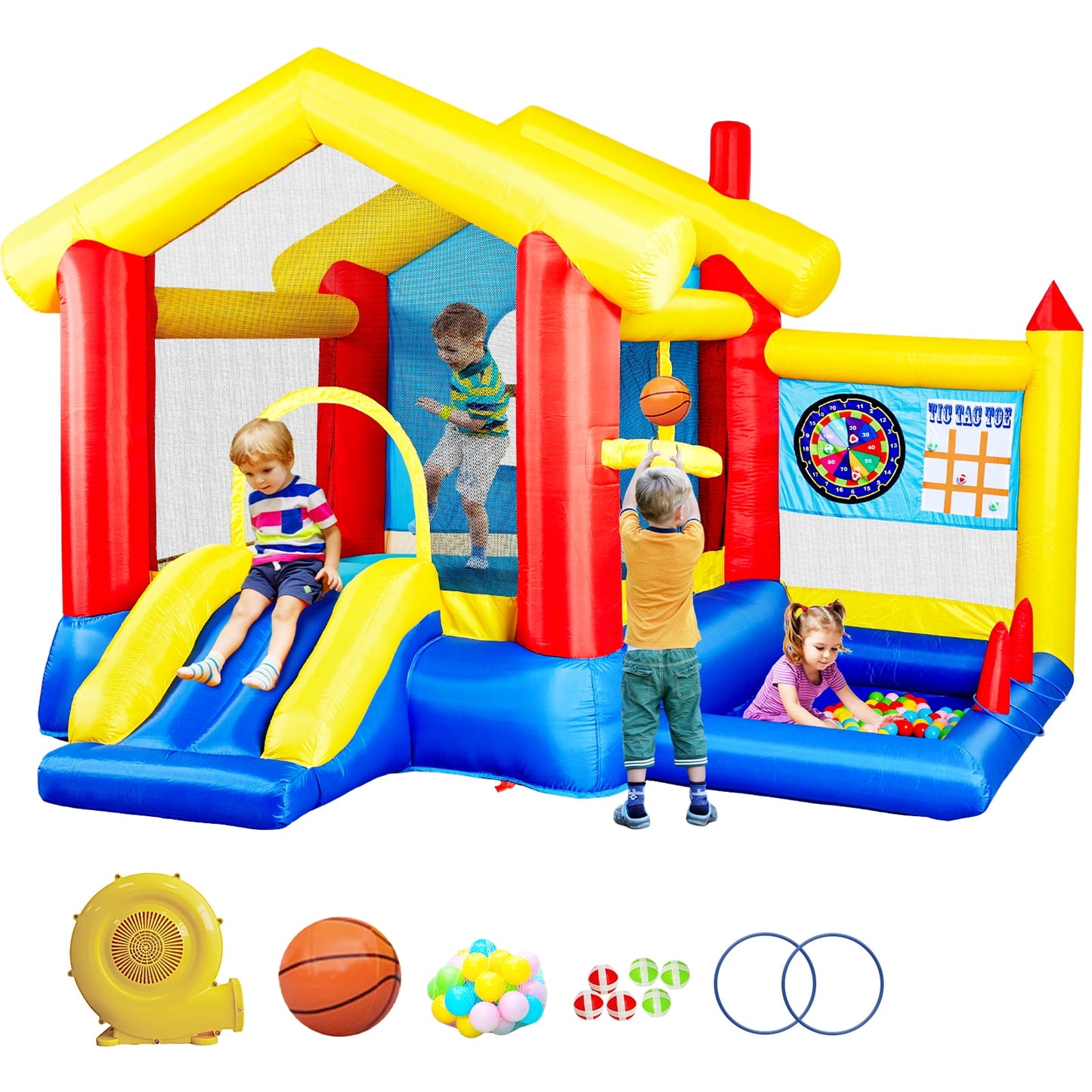 8-in-1 Inflatable Bounce House with Blower, Basketball Hoop, Ocean Balls, Ring Toss, and Sticky Ball Game for Kids