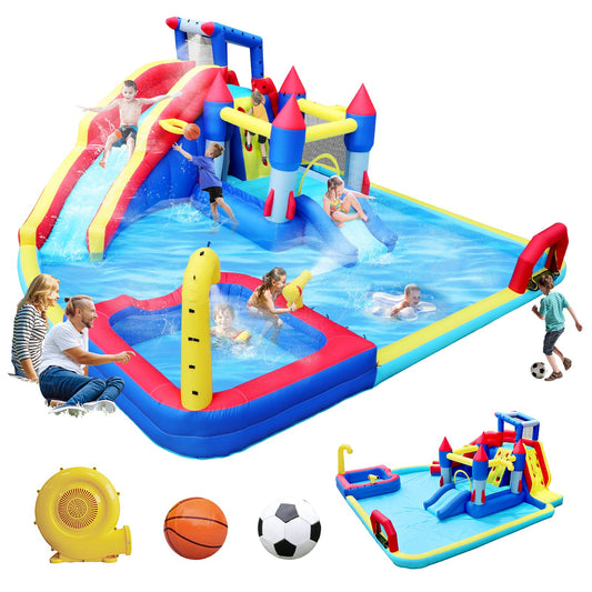 10-in-1 Inflatable Water Park with Slide, Splash Pool, Water Gun, Basketball Hoop, Climbing Wall, Dual Pools, and Soccer Game for Garden Fun