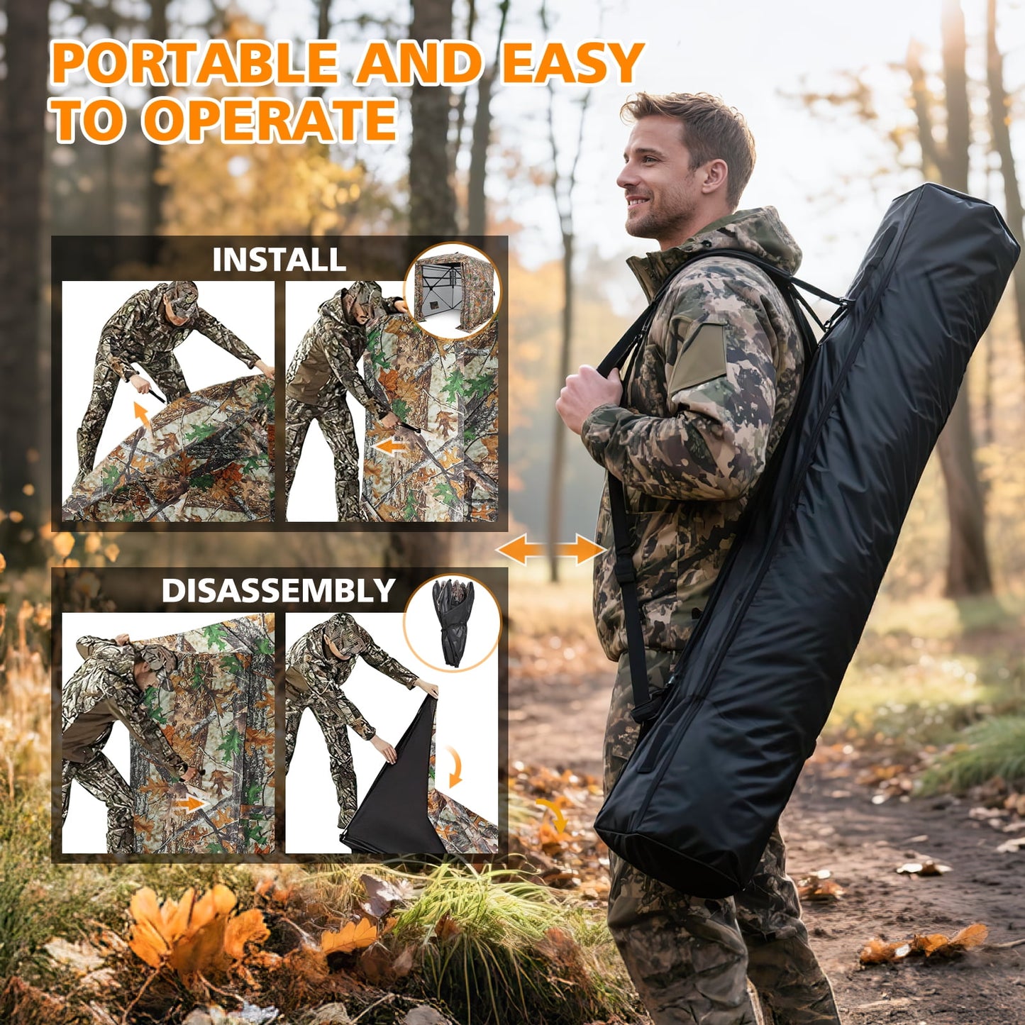 GIKPAL 2-3 Person Hunting Blind - 360° See Through Design with Magnetic Door & Silent Sliding Windows, Portable Ground Blind for Deer & Turkey Hunting (Includes Carry Bag)