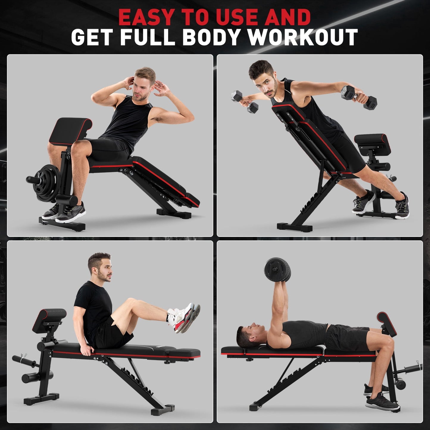 GIKPAL 7 Positions Adjustable Weight Bench With Extended Headrest & Preacher Curl,Foldable Workout Bench Olympic Weight Bench for Home Gym Full Body Strength Training,Support up to 800lbs