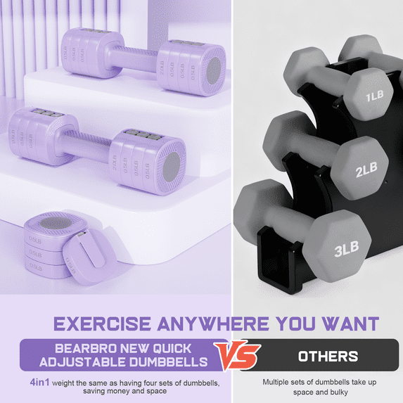 GIKPAL 5lbs*2 Adjustable Dumbbells Set, 4-in-1 Free Weights for Women, Each 2lb 3lb 4lb 5lb Hand Weights for Home Gym, Purple