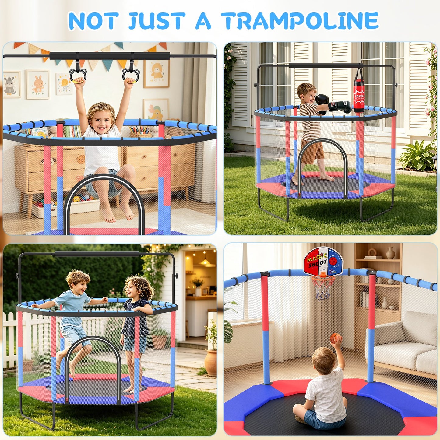 GIKPAL 60'' Kids Trampoline with Basketball Hoop & Safety Net, Rings, Gymnastic Bar, Indoor/Outdoor Toddler Trampoline Gift for Boys & Girls, Blue