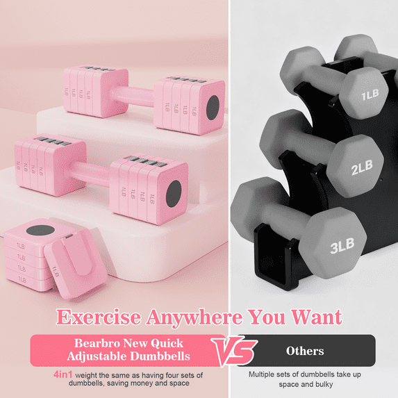 GIKPAL 10lbs*2 Adjustable Dumbbells Set, 4-in-1 Free Weights for Women, Hand Weights for Home Gym, Pink