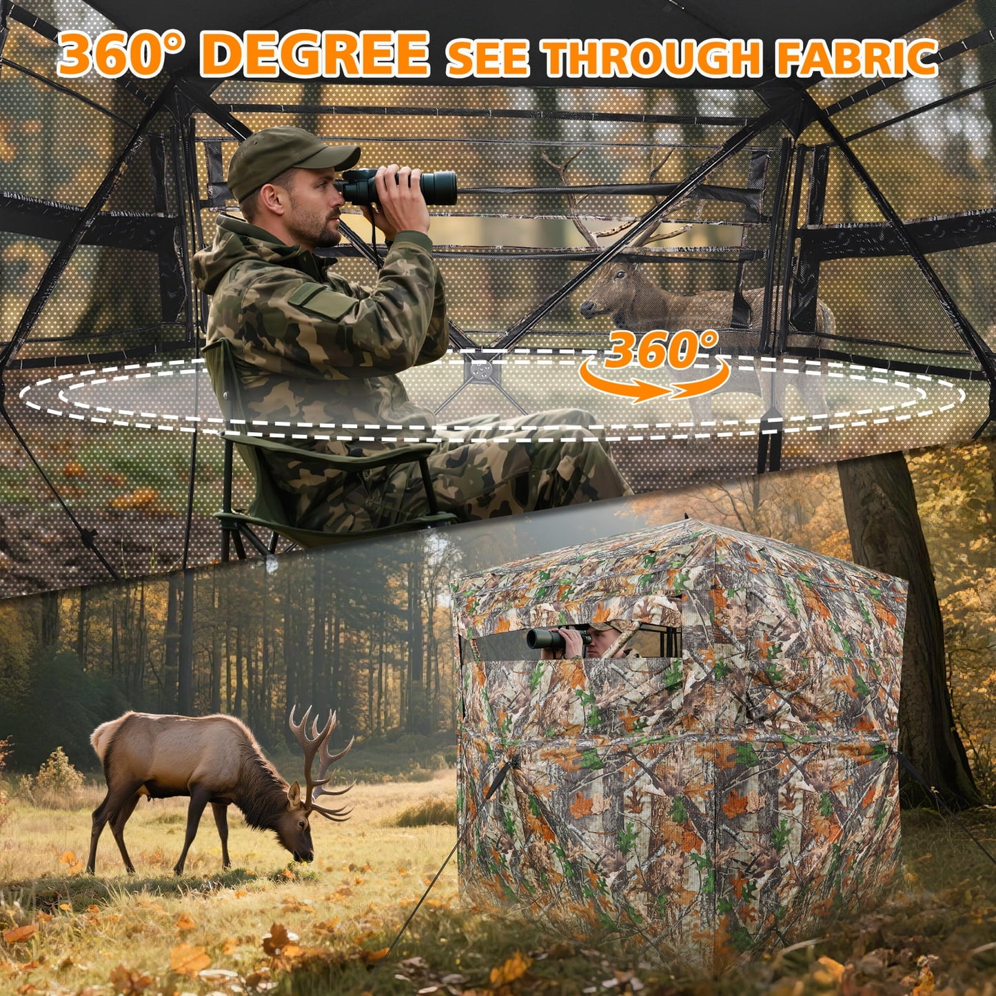 GIKPAL 2-3 Person Hunting Blind - 360° See Through Design with Magnetic Door & Silent Sliding Windows, Portable Ground Blind for Deer & Turkey Hunting (Includes Carry Bag)