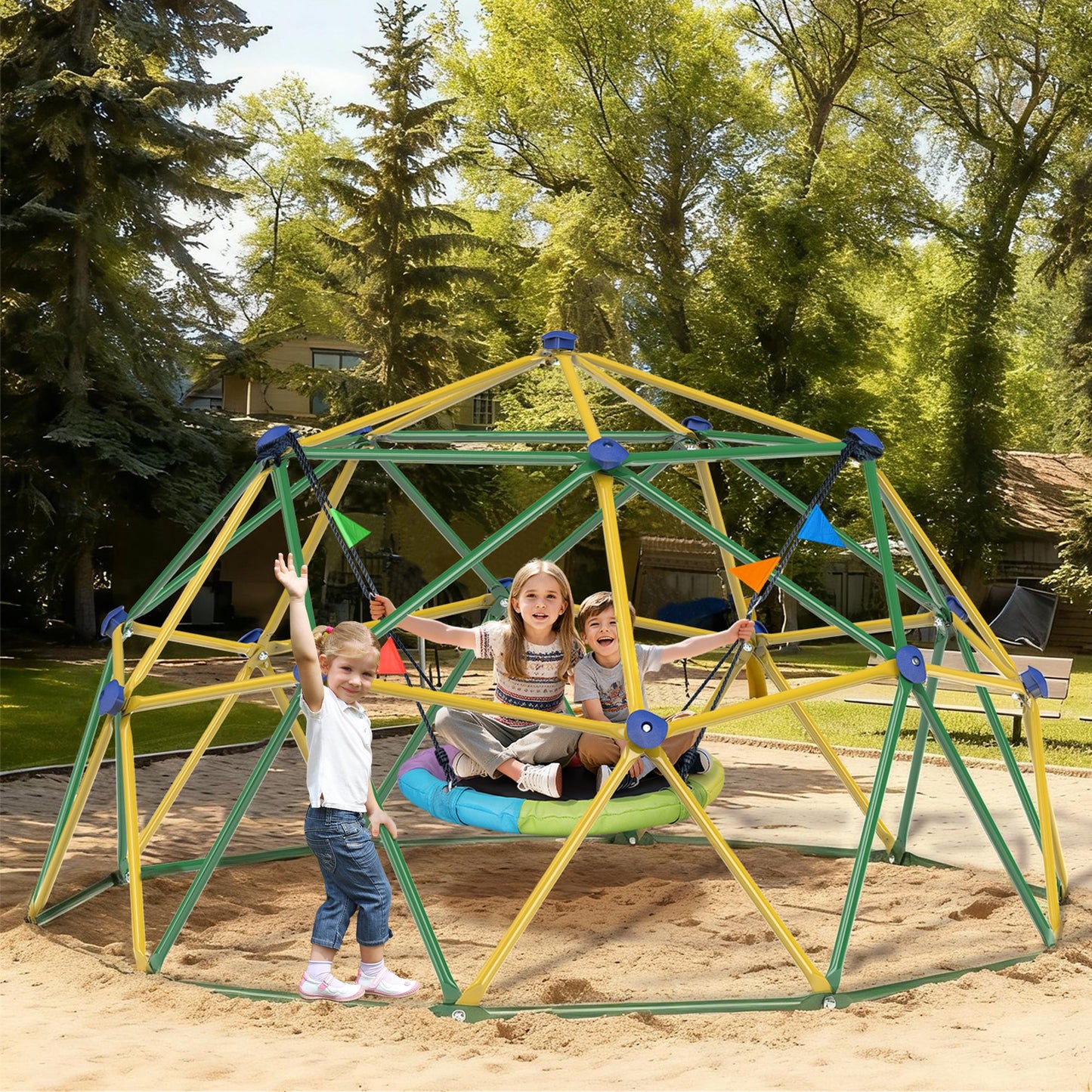 GIKPAL Climbing Dome, 10FT Dome Climber with Hammock & Swing Set for Kids Outdoor Play Equipment, Supports up to 1000lbs Jungle Gym, Anti-Rust, Easy Assembly,Yellow+Green