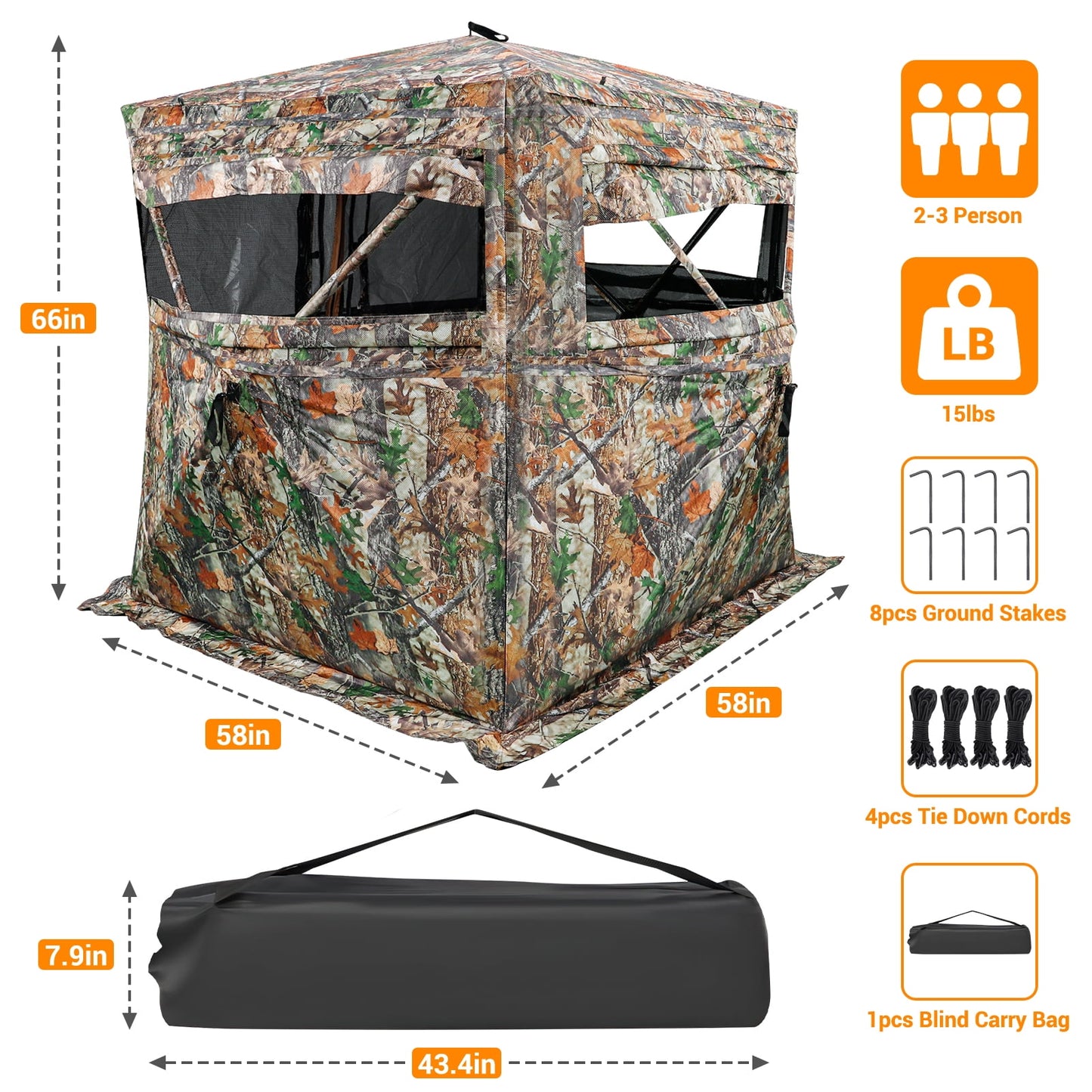 GIKPAL 2-3 Person Hunting Blind - 360° See Through Design with Magnetic Door & Silent Sliding Windows, Portable Ground Blind for Deer & Turkey Hunting (Includes Carry Bag)