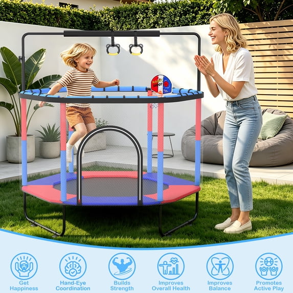 GIKPAL 60'' Kids Trampoline with Basketball Hoop & Safety Net, Rings, Gymnastic Bar, Indoor/Outdoor Toddler Trampoline Gift for Boys & Girls, Blue