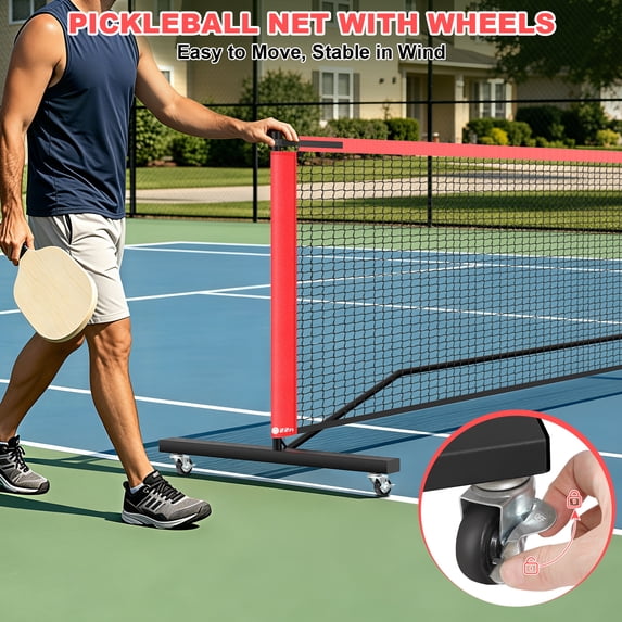 GIKPAL Portable Pickleball Net with Wheels, 22 FT & Half Court 11 FT Pickle Ball Net System with Carrying Bag for Driveway Backyard,Red