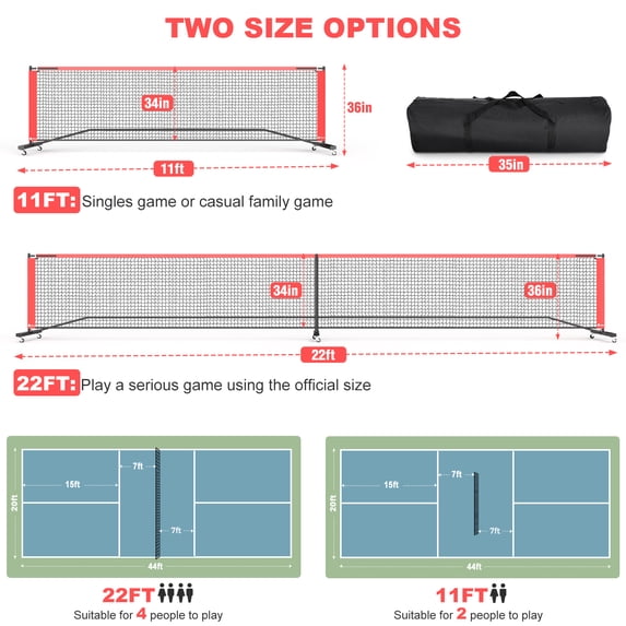 GIKPAL Portable Pickleball Net with Wheels, 22 FT & Half Court 11 FT Pickle Ball Net System with Carrying Bag for Driveway Backyard,Red