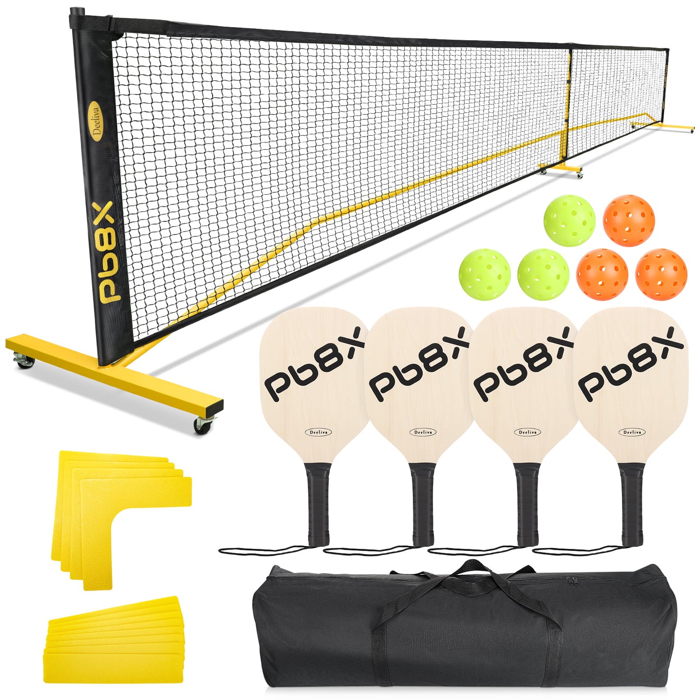 Deeliva Pickleball Net Set on Wheels for Driveway Portable Regulation Size Pickleball Net System with 4 Paddles,6 Pickle Balls,Court Line Marker,Bag,Weather Resistant Metal Frame Outdoors