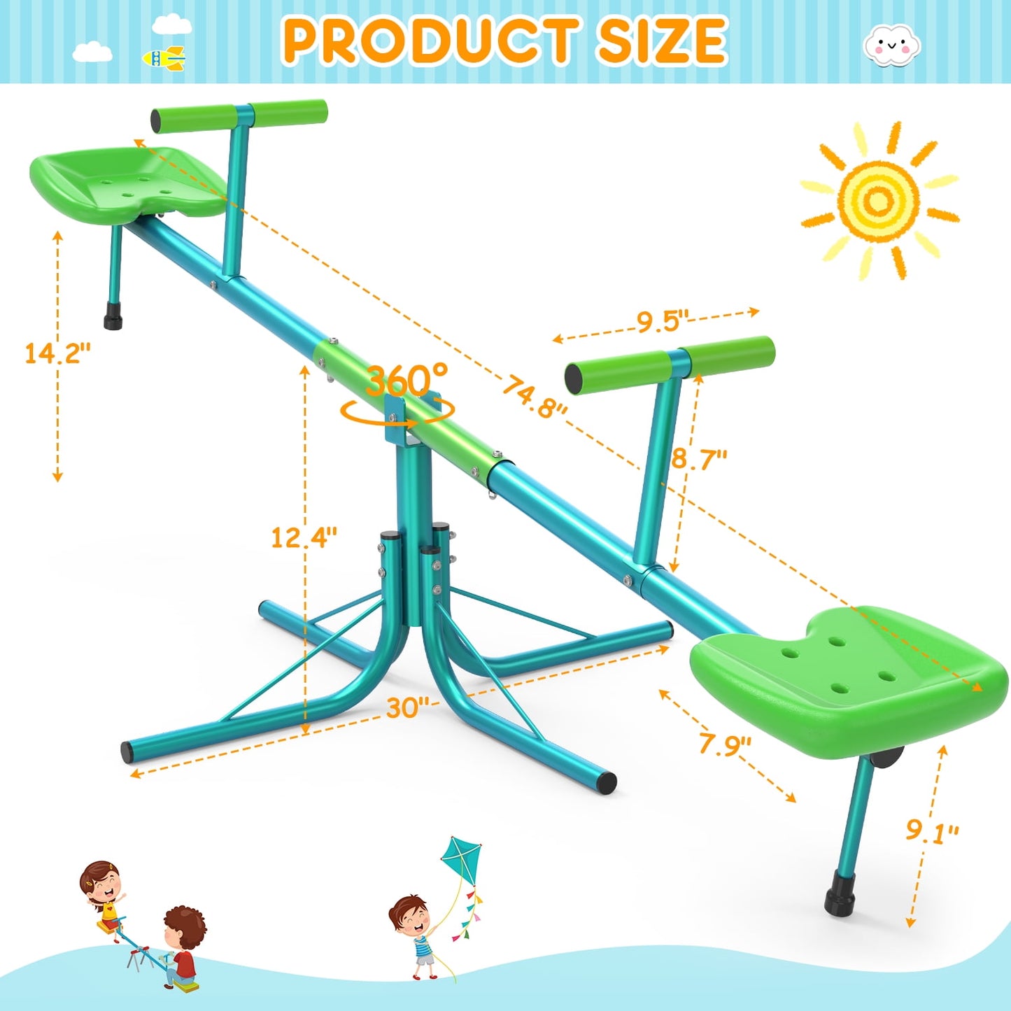 GIKPAL Kids Seesaw, Spinning Teeter Totter, 220lbs Capacity Kids Outdoor Playground Equipment, Swiveling 360 Degrees Rotating for Kids 3-6
