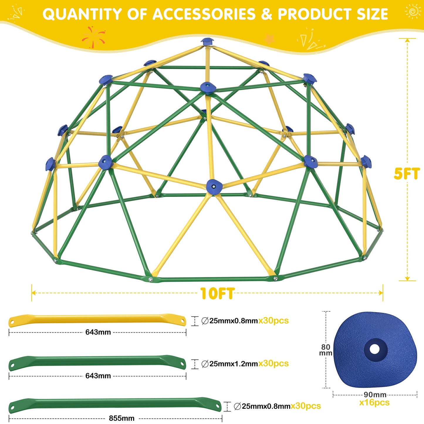 GIKPAL Climbing Dome, 10FT Dome Climber with Hammock & Swing Set for Kids Outdoor Play Equipment, Supports up to 1000lbs Jungle Gym, Anti-Rust, Easy Assembly,Yellow+Green