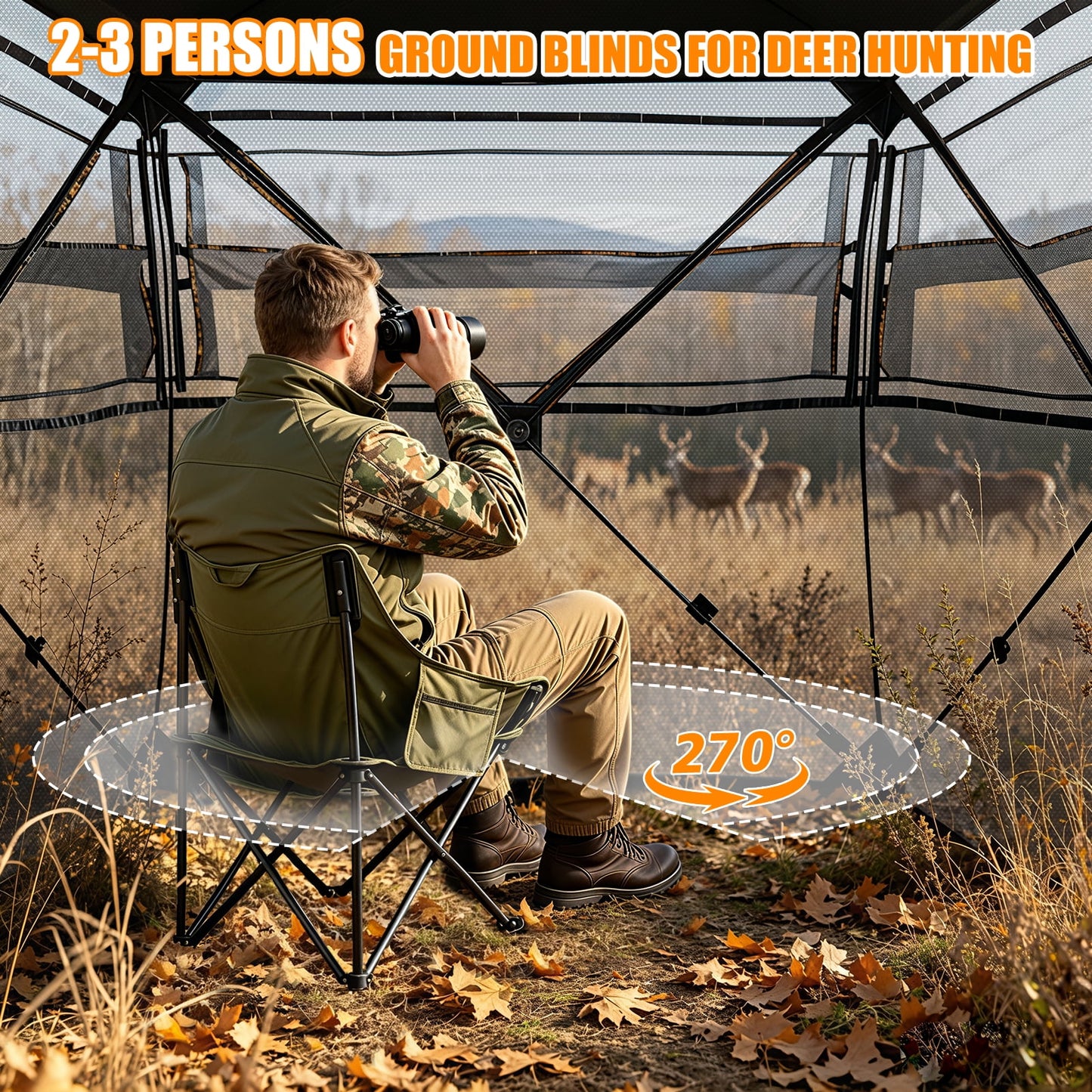 GIKPAL 2-3 Person 2-in-1 Hunting Blind - 270° See Through Design with Detachable Top, Converts to Fence & Silent Sliding Windows, Portable Ground Blind for Deer & Turkey Hunting (Includes Carry Bag)