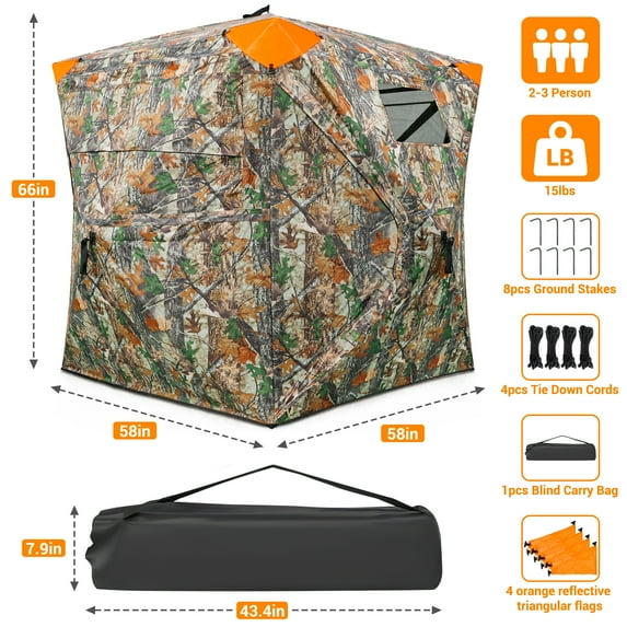 GIKPAL Portable 2-3 Person 270 Degree See Through Hunting Blind Pop-Up Ground Blind with Tie-downs & Carrying Bag for Deer, Duck and Turkey Hunting