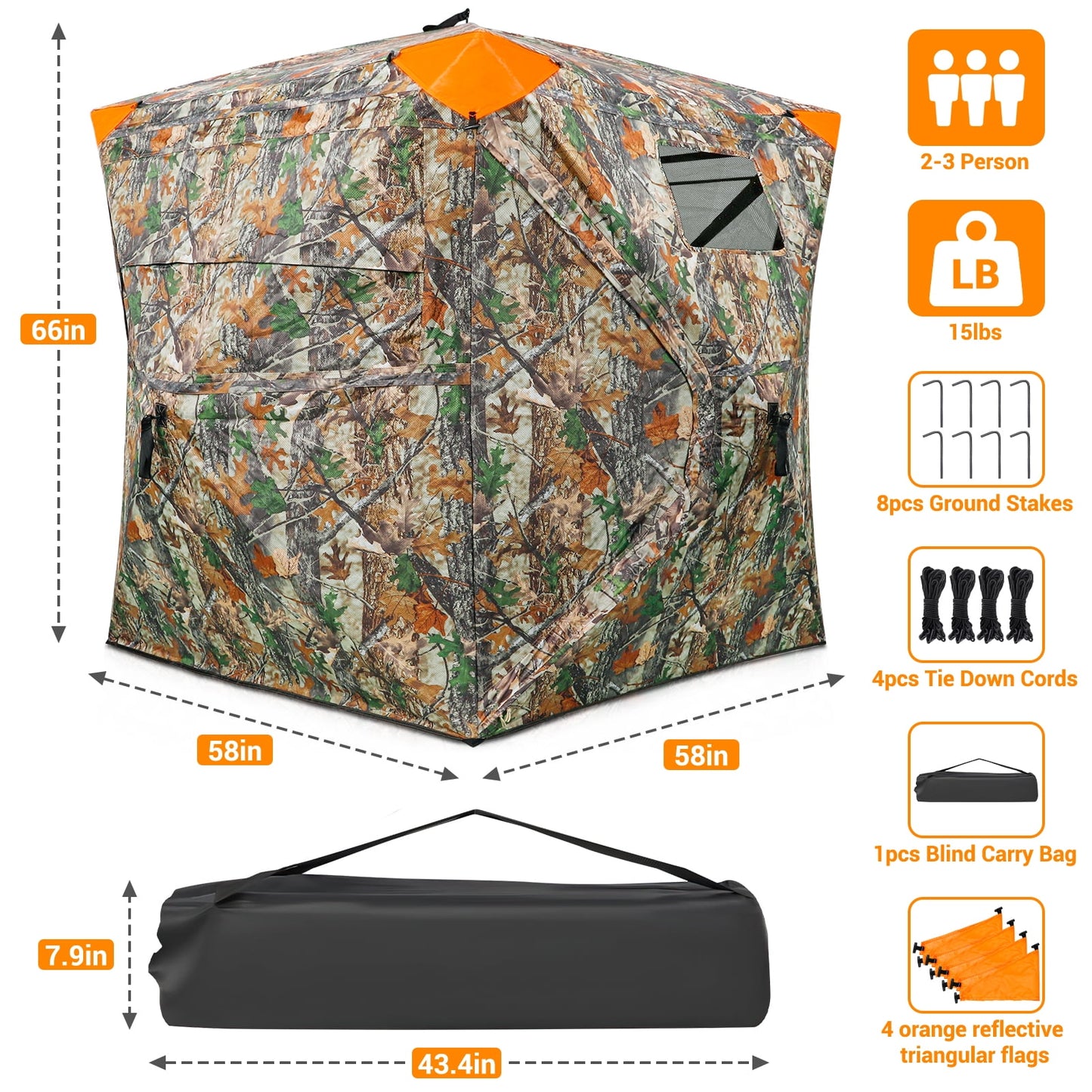 GIKPAL Portable 360-Degree See Through Hunting Blind for 2-3 People with Tie-Downs and Carrying Bag, Ideal for Deer, Duck, and Turkey Hunting