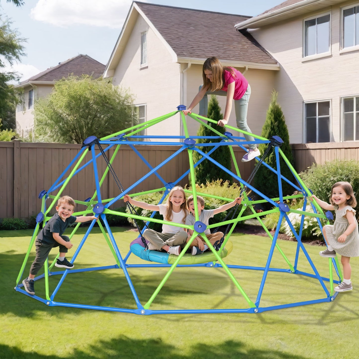 10FT Climbing Dome with Swing Set, Kids Dome Climber Jungle Gym Outdoor Play Toddler Play Set for Ages 3-10, Supports up to 880lbs