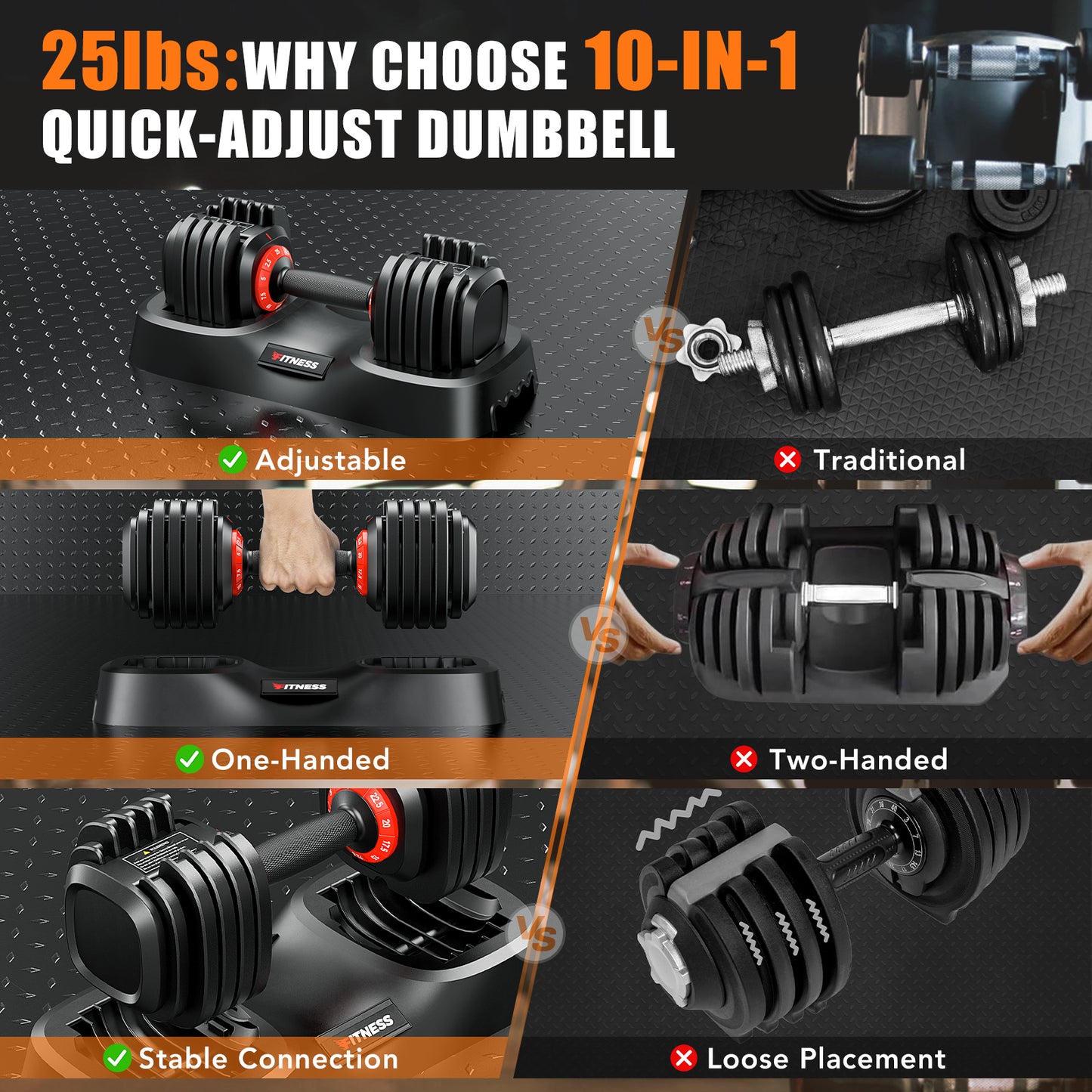 GIKPAL 50LB(25lbs*2) Adjustable Dumbbells Set,10 in 1 Quick-Select 2.5-25lbs Weight Adjustable Dumbbells for Full Body Home Workout