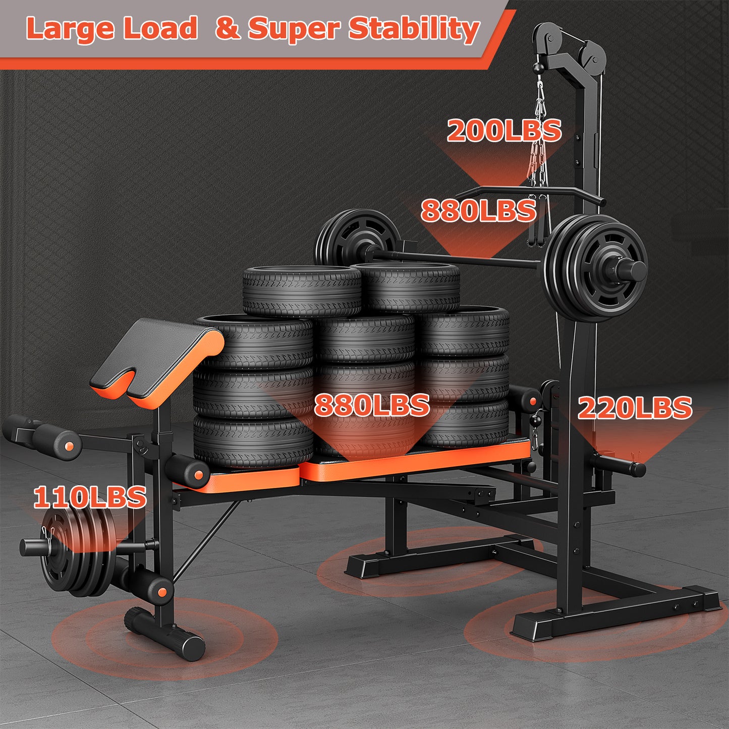 GIKPAL 800lbs 10-in-1 Multi-Function Adjustable Weight Bench Set with Row Machine & Lat Pull Down,Workout Bench with 70lb(10lb*2+25lb*2) Weight Plates