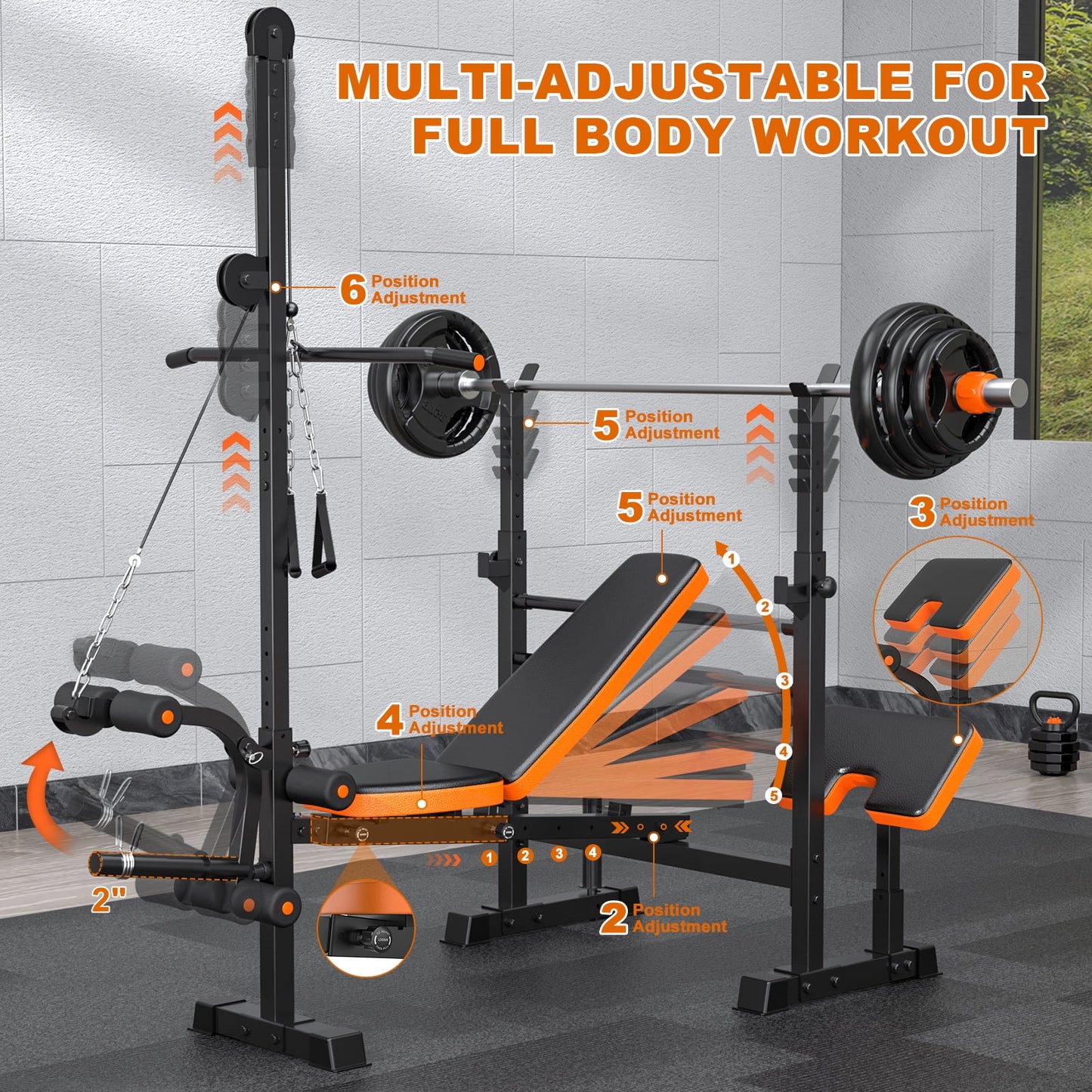 GIKPAL 800lbs 8-in-1 Adjustable Weight Bench Set with Lat Pull Down, Leg Extension and Leg Curl, Chest Fly and Preacher Curl Workout Bench Multi-Function Strength Training Bench Press Exercise Equipm