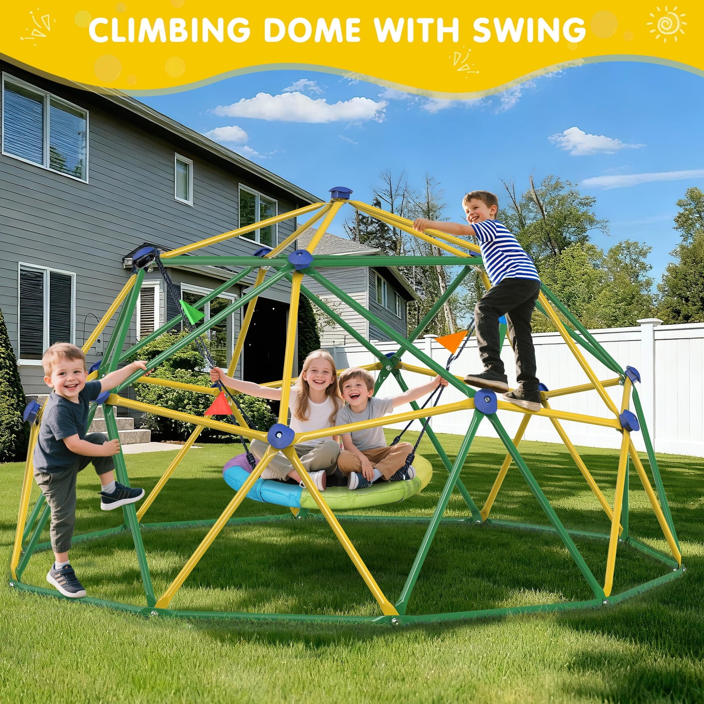 GIKPAL Climbing Dome, 10FT Dome Climber with Hammock & Swing Set for Kids Outdoor Play Equipment, Supports up to 1000lbs Jungle Gym, Anti-Rust, Easy Assembly,Yellow+Green