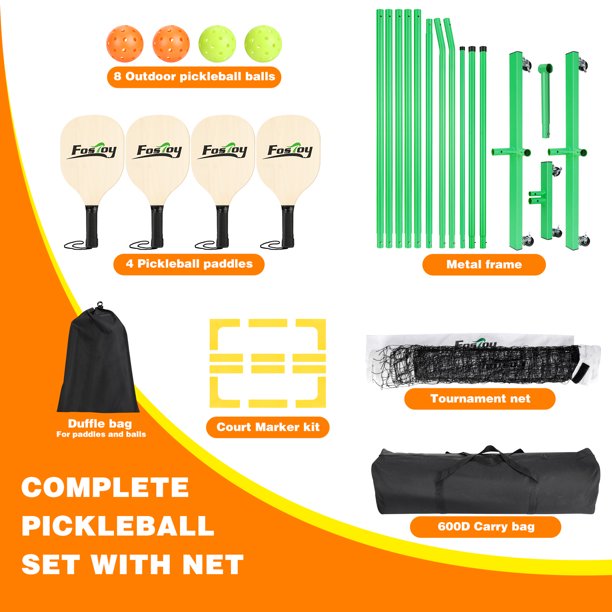 FOSTOY Pickleball Net Set on Wheels for Driveway Portable Regulation Size Pickleball Net System with 4 Paddles,8 Pickle Balls,Court Line Marker,Bag,Weather Resistant Metal Frame Outdoors