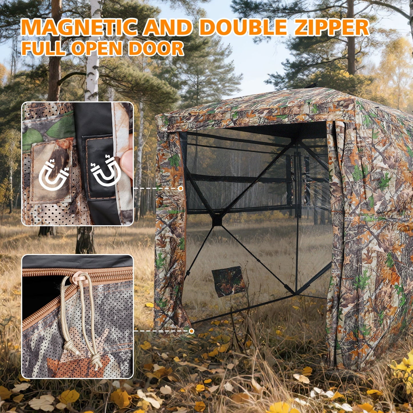 GIKPAL 2-3 Person Hunting Blind - 360° See Through Design with Magnetic Door & Silent Sliding Windows, Portable Ground Blind for Deer & Turkey Hunting (Includes Carry Bag)