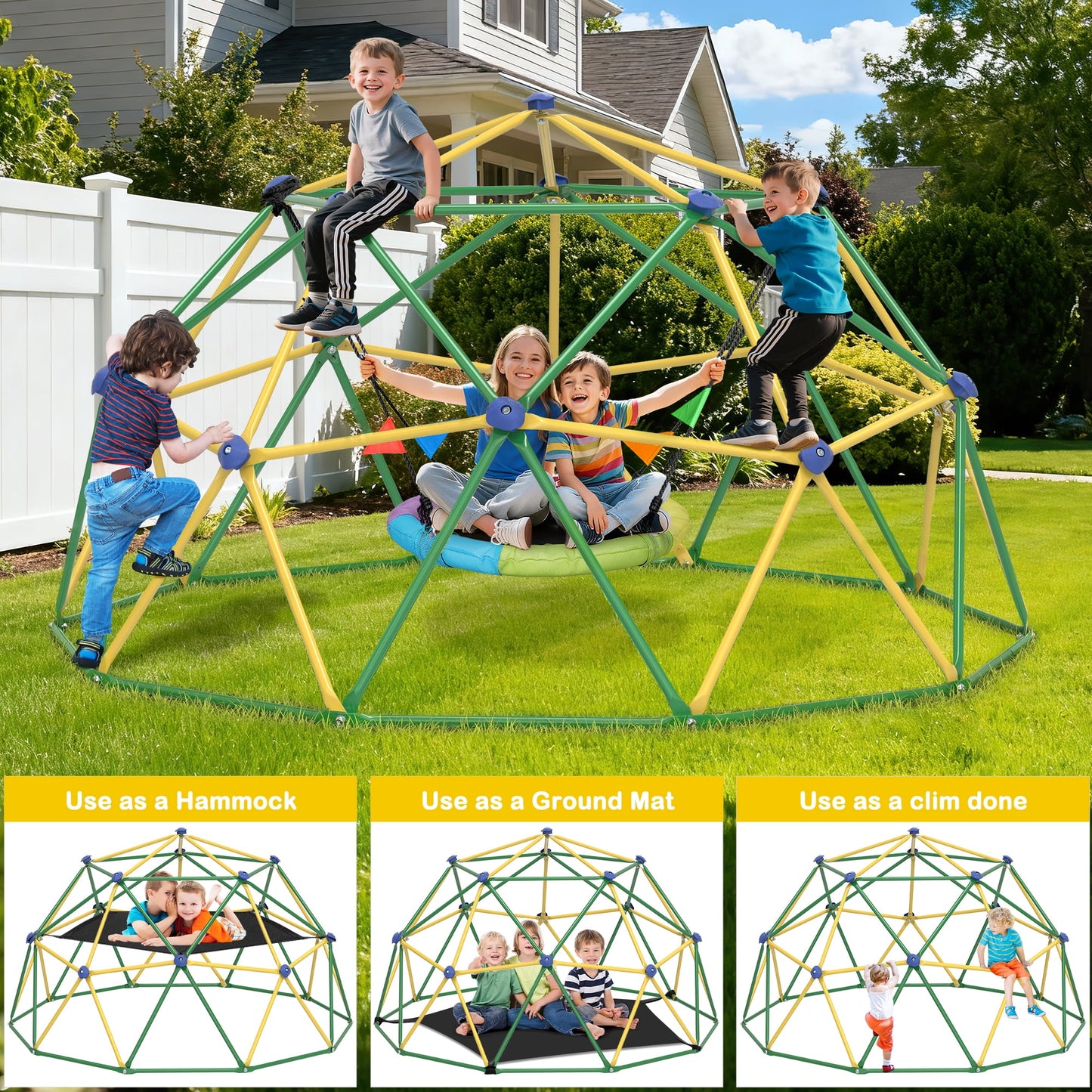 GIKPAL Climbing Dome, 10FT Dome Climber with Hammock & Swing Set for Kids Outdoor Play Equipment, Supports up to 1000lbs Jungle Gym, Anti-Rust, Easy Assembly,Yellow+Green