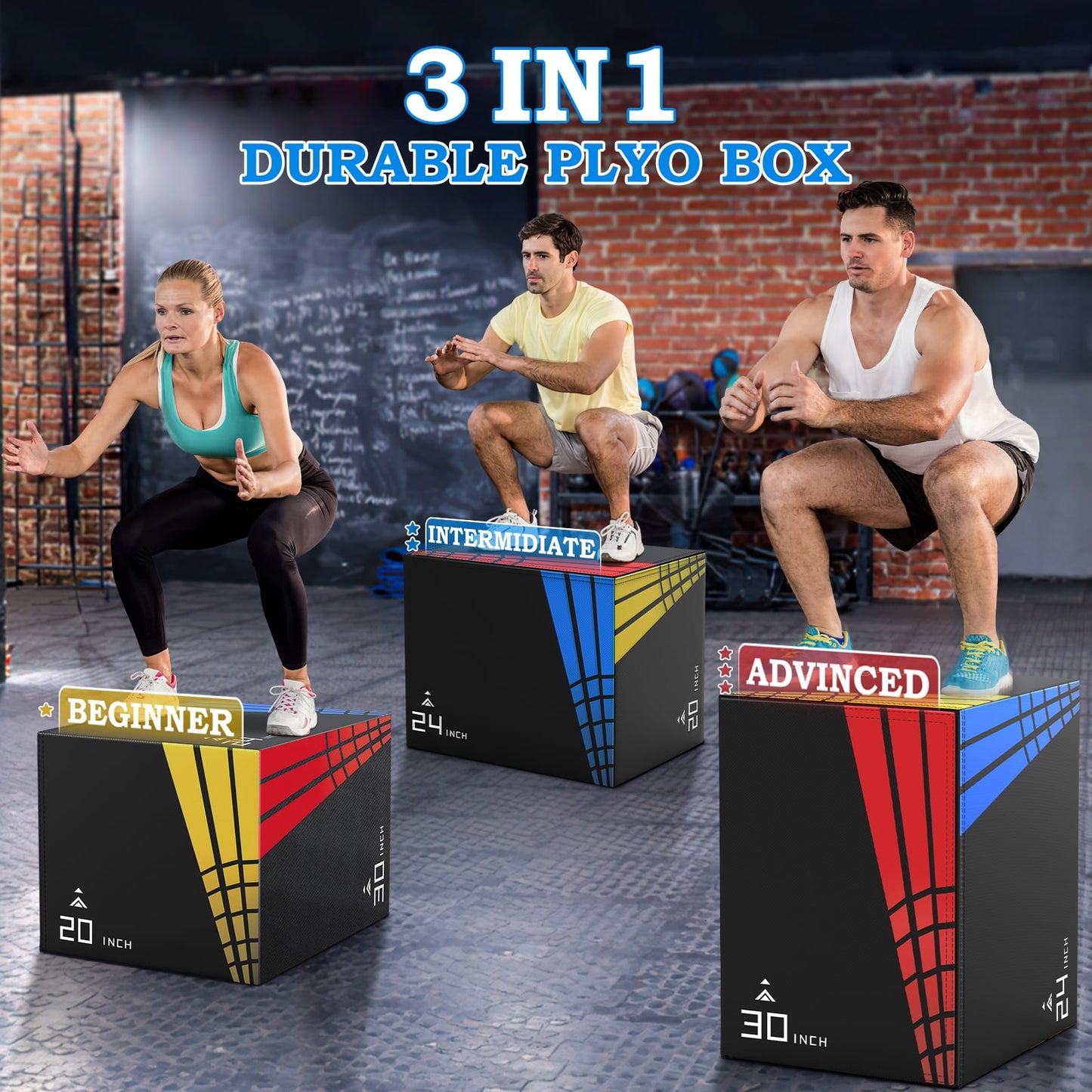 GIKPAL 3 in 1 - 16"x20"x24" Foam Plyometric Jump Box,Stable Plyo Box with 3MM Anti-Slip Particles for Home Gym Jumping Exercise, Weight 38lbs