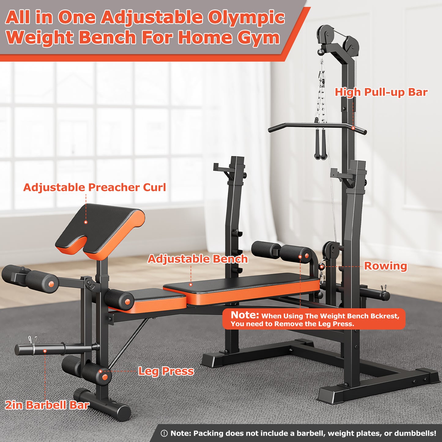 GIKPAL 800lbs 10-in-1 Multi-Function Adjustable Weight Bench Set with Row Machine & Lat Pull Down,Workout Bench with 70lb(10lb*2+25lb*2) Weight Plates
