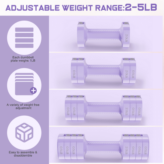 GIKPAL 5lbs*2 Adjustable Dumbbells Set, 4-in-1 Free Weights for Women, Each 2lb 3lb 4lb 5lb Hand Weights for Home Gym, Purple